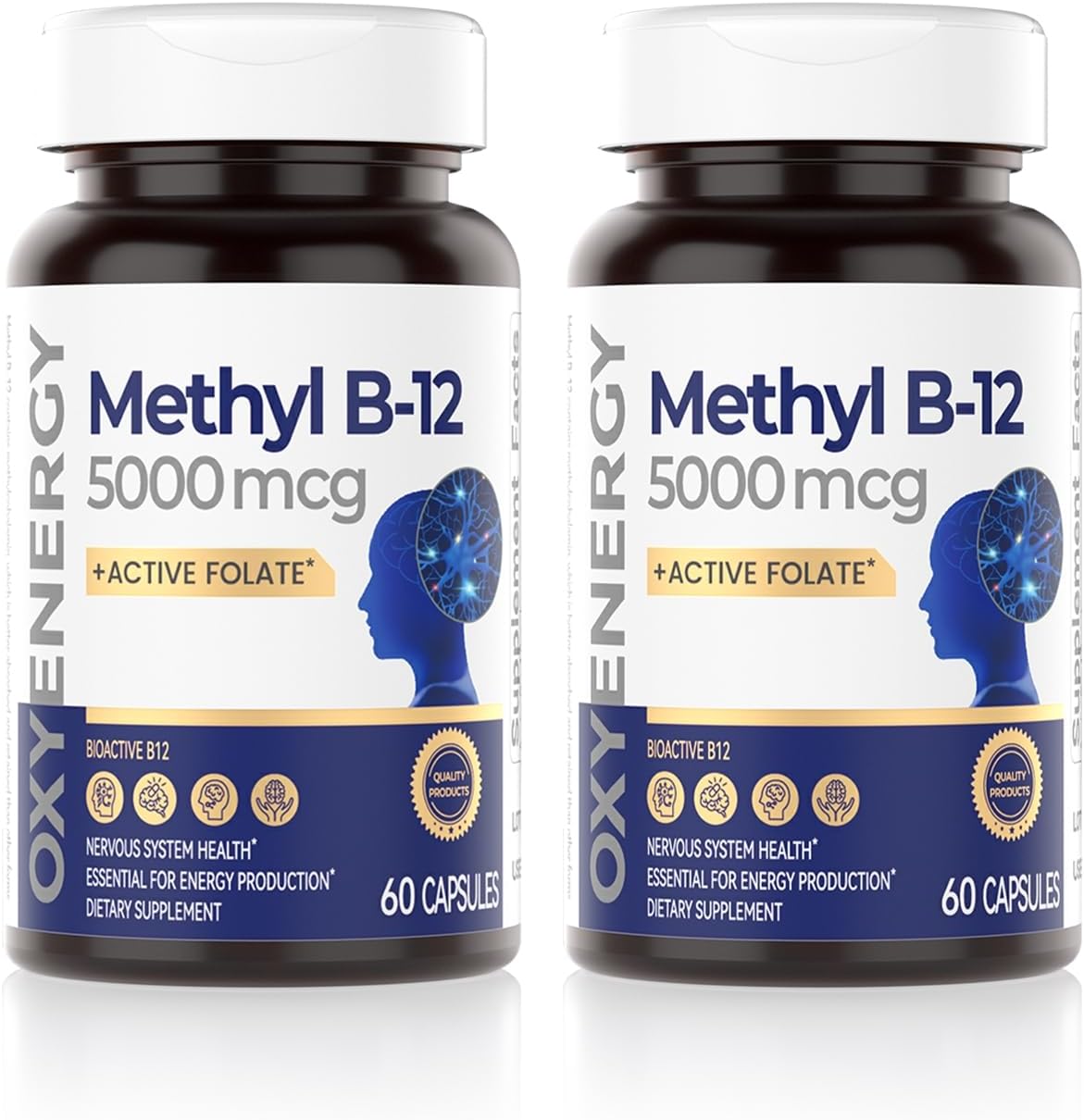 High Potency OxyEnergy Vitamin B12 Supplement with Folate - 5000mcg Methyl B-12 for Energy & Cognitive Support - 120 Capsules, 2 Month Supply
