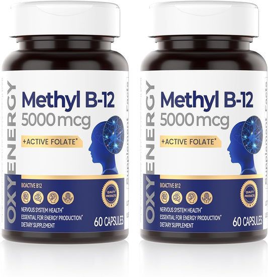 High Potency OxyEnergy Vitamin B12 Supplement with Folate - 5000mcg Methyl B-12 for Energy & Cognitive Support - 120 Capsules, 2 Month Supply
