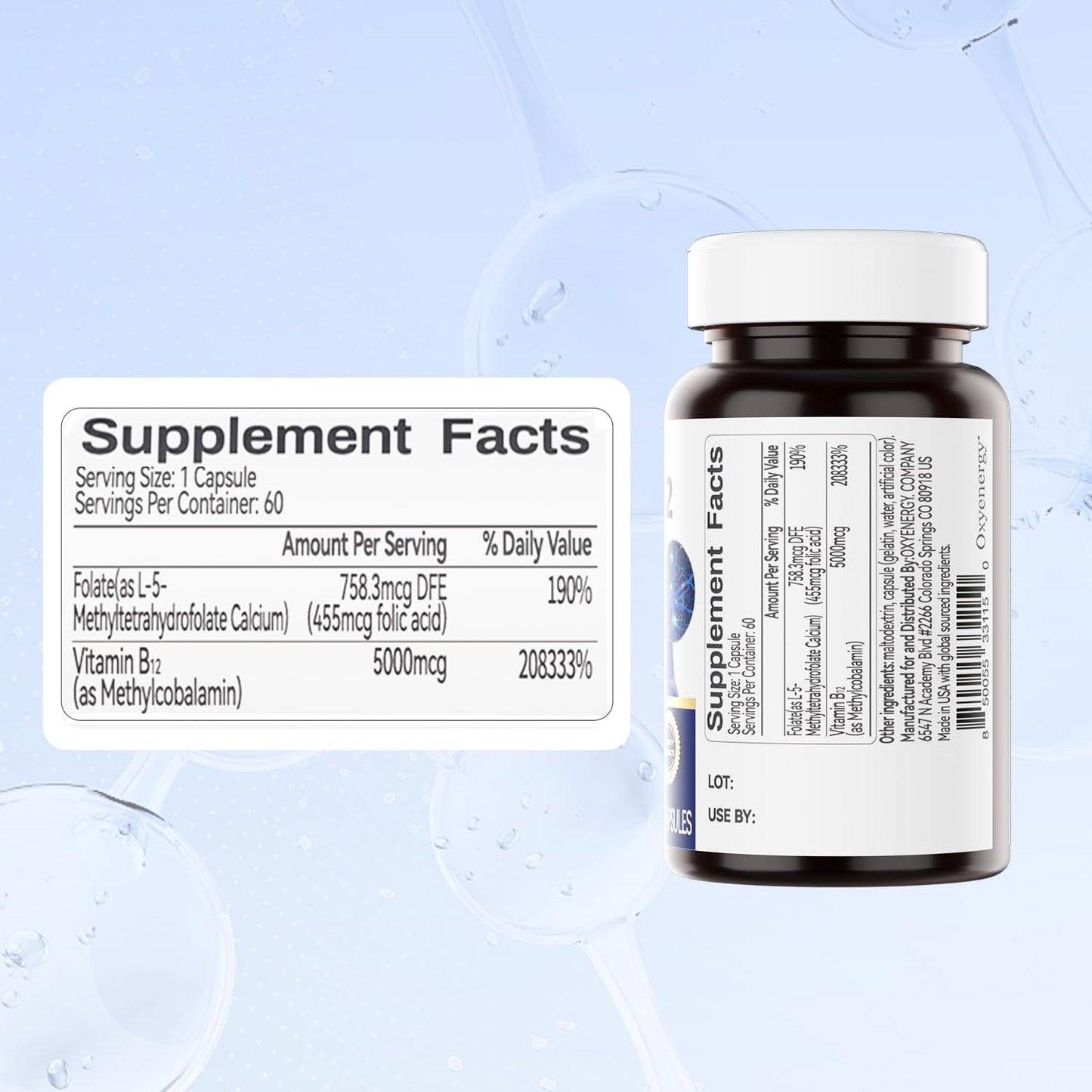 High Potency OxyEnergy Vitamin B12 Supplement with Folate - 5000mcg Methyl B-12 for Energy & Cognitive Support - 120 Capsules, 2 Month Supply