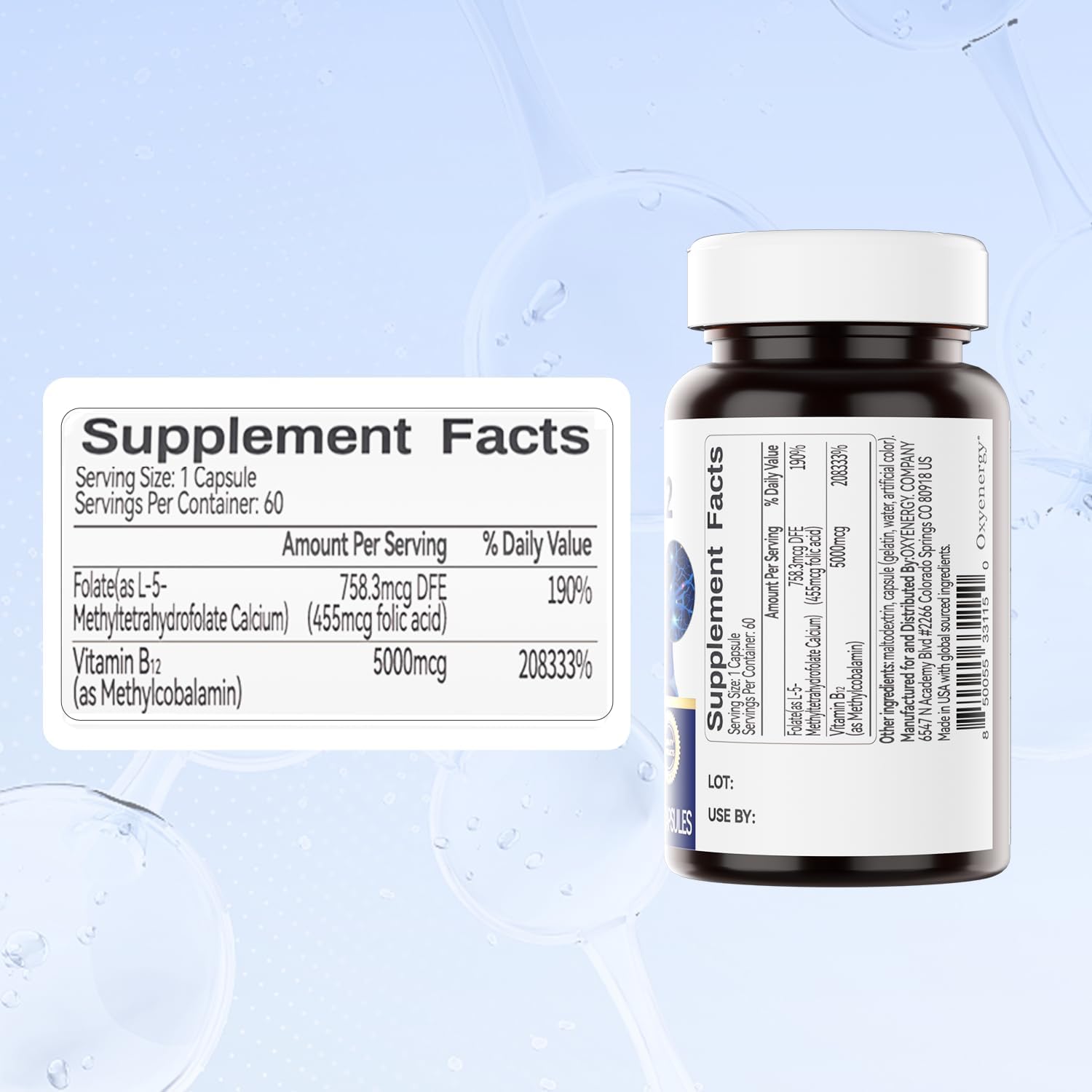 High Potency OxyEnergy Vitamin B12 Supplement with Folate - 5000mcg Methyl B-12 for Energy & Cognitive Support - 120 Capsules, 2 Month Supply