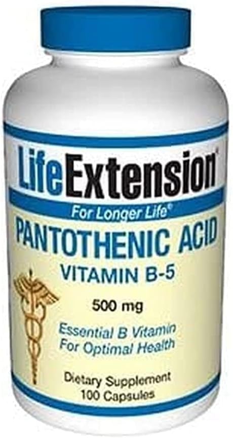 High Potency Pantothenic Acid (Vitamin B-5) 500mg - 100 Vegan Capsules for Life Extension