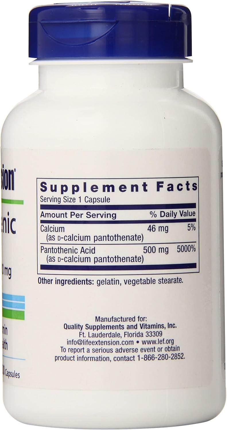 High Potency Pantothenic Acid (Vitamin B-5) 500mg - 100 Vegan Capsules for Life Extension