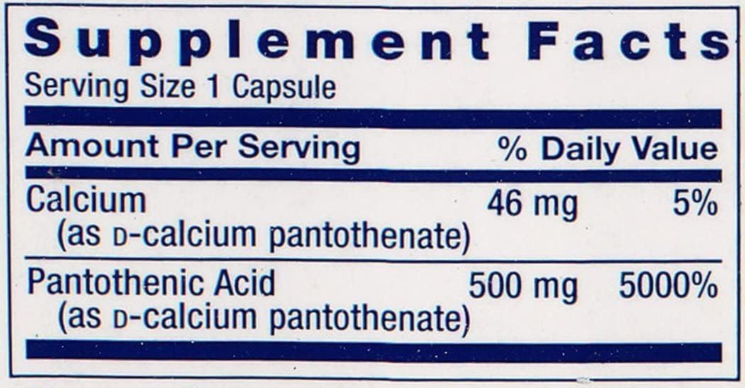 High Potency Pantothenic Acid (Vitamin B-5) 500mg - 100 Vegan Capsules for Life Extension