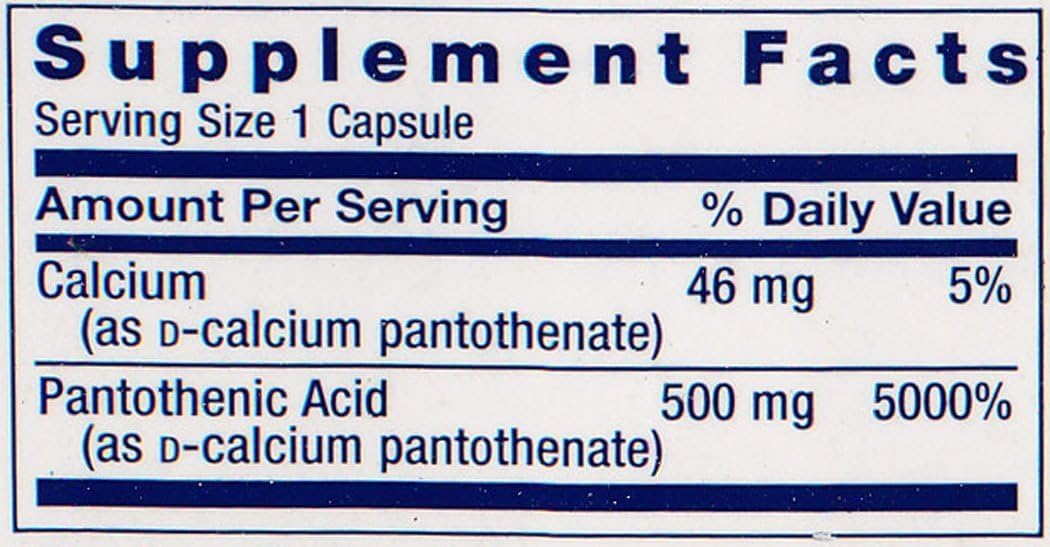 High Potency Pantothenic Acid (Vitamin B-5) 500mg - 100 Vegan Capsules for Life Extension