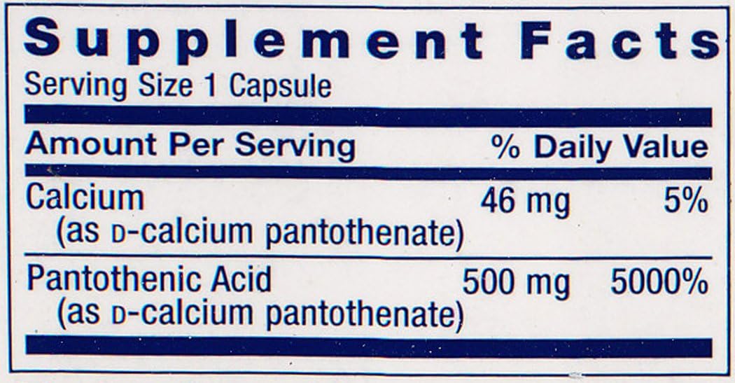 High Potency Pantothenic Acid (Vitamin B-5) 500mg - 100 Vegan Capsules for Life Extension