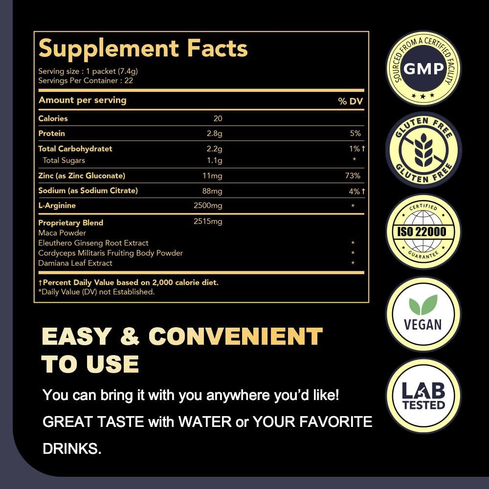 High Potency Peruvian Maca Root Powder Blend with L-Arginine for Men and Women - 15,000 mg - Vegan - Lab Tested