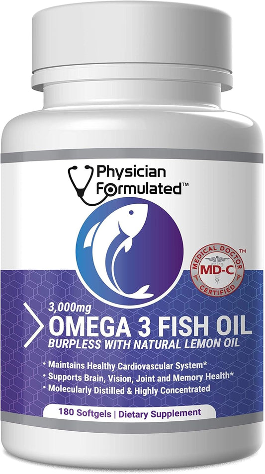 High Potency Physician Formulated Fish Oil Omega 3 Supplement - 3000mg per Serving with EPA, DHA, and Total Omega 3 6 9 - 180 Capsules