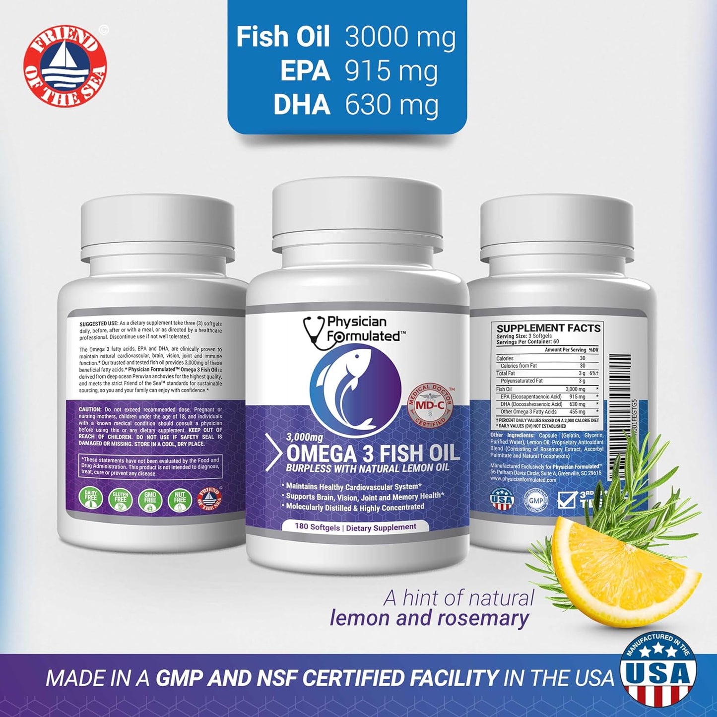 High Potency Physician Formulated Fish Oil Omega 3 Supplement - 3000mg per Serving with EPA, DHA, and Total Omega 3 6 9 - 180 Capsules