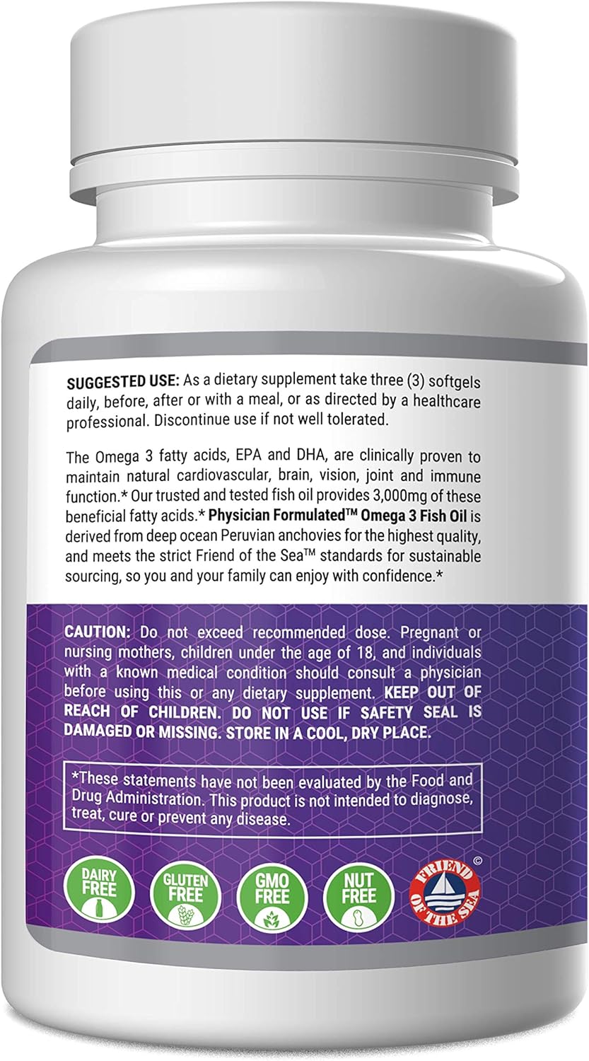 High Potency Physician Formulated Fish Oil Omega 3 Supplement - 3000mg per Serving with EPA, DHA, and Total Omega 3 6 9 - 180 Capsules