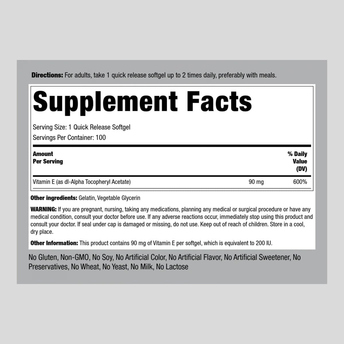 High Potency Piping Rock Vitamin E Softgel Capsules - 200 IU (90mg) - Non-GMO & Gluten Free - 100 Count