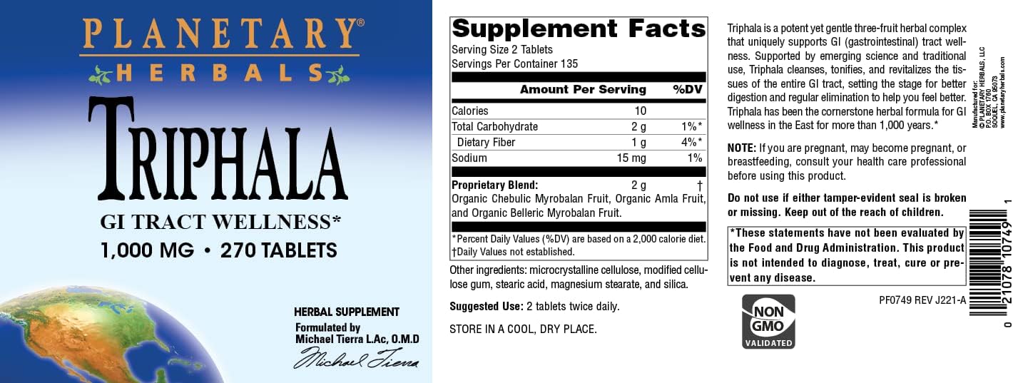 High Potency Planetary Herbals Triphala Tablets - 1000mg, 270 Count