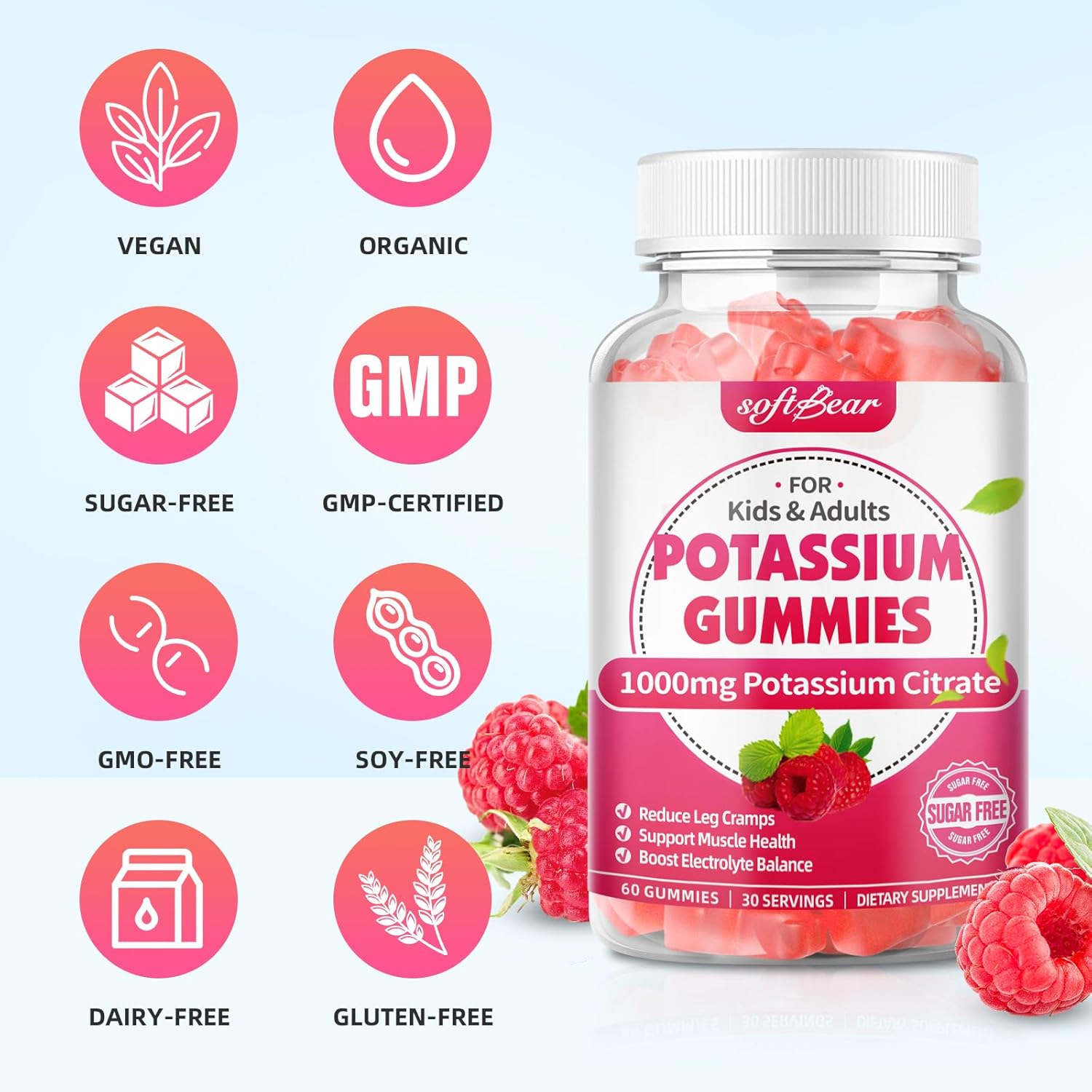 High Potency Potassium Citrate Gummies 1000mg - 240 Count for Leg Cramps and Muscle Health - Sugar Free Adult Supplement