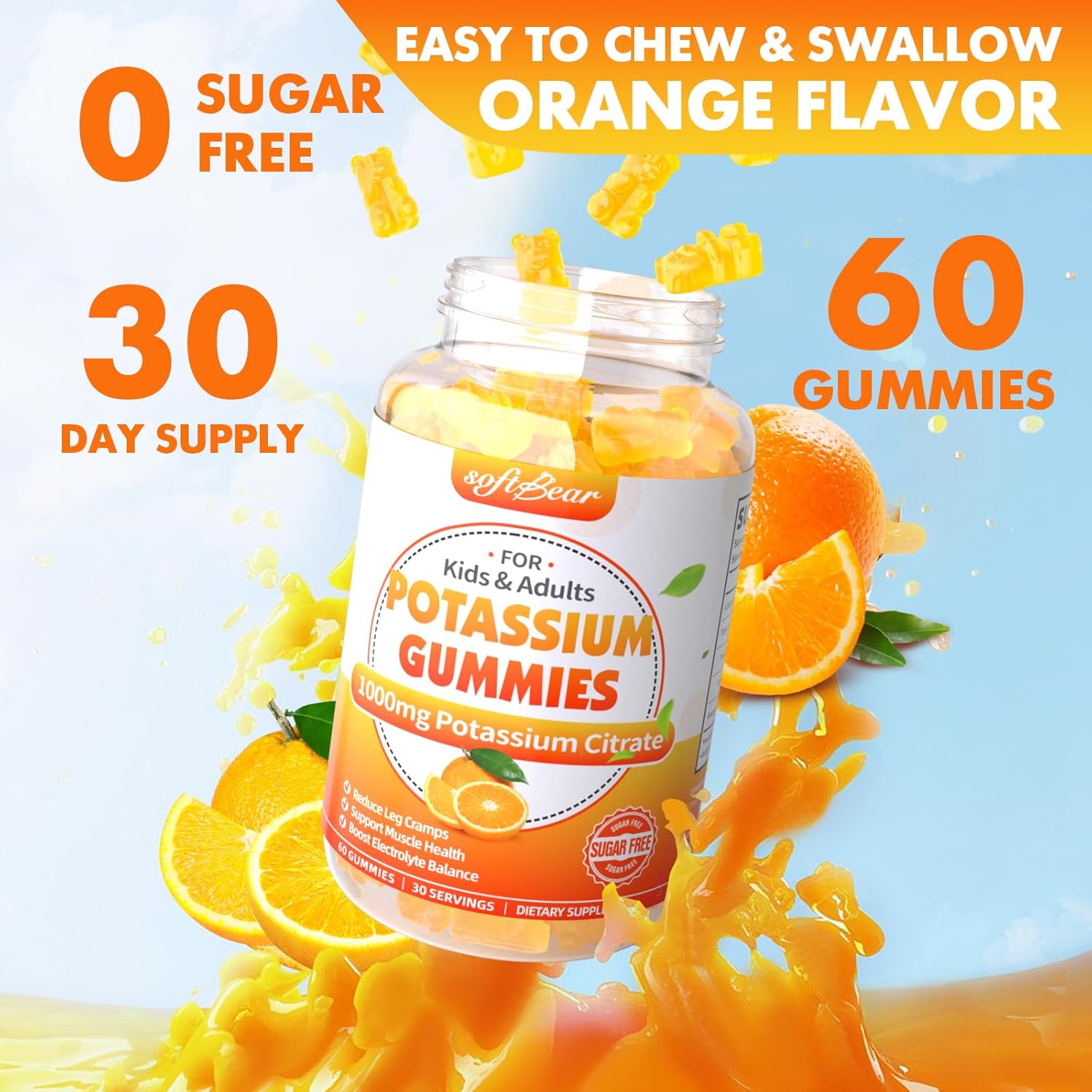 High Potency Potassium Citrate Gummies 1000mg - 240 Count for Leg Cramps and Muscle Health - Sugar Free Adult Supplement