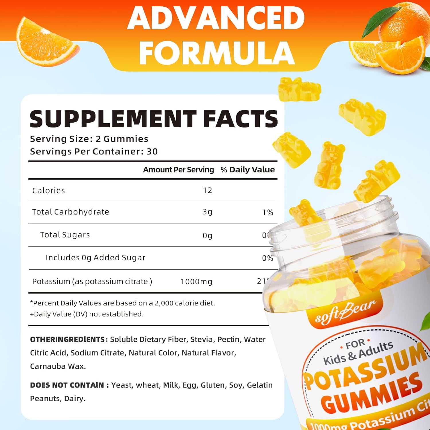 High Potency Potassium Citrate Gummies for Adults - 1000mg Orange Flavor, Sugar Free, Supports Leg Cramps & Muscle Health - 120 Count