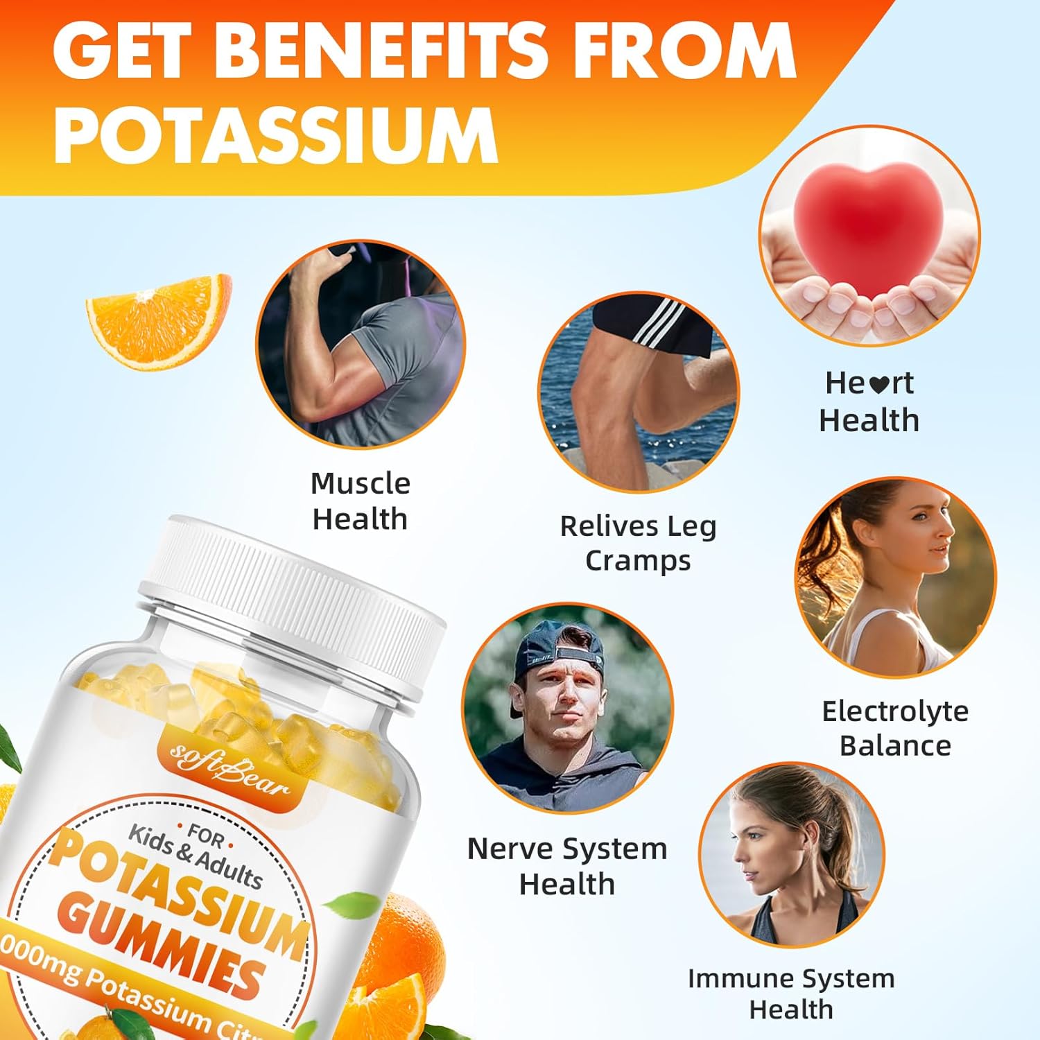 High Potency Potassium Citrate Gummies for Adults - 1000mg Orange Flavor, Sugar Free, Supports Leg Cramps & Muscle Health - 120 Count