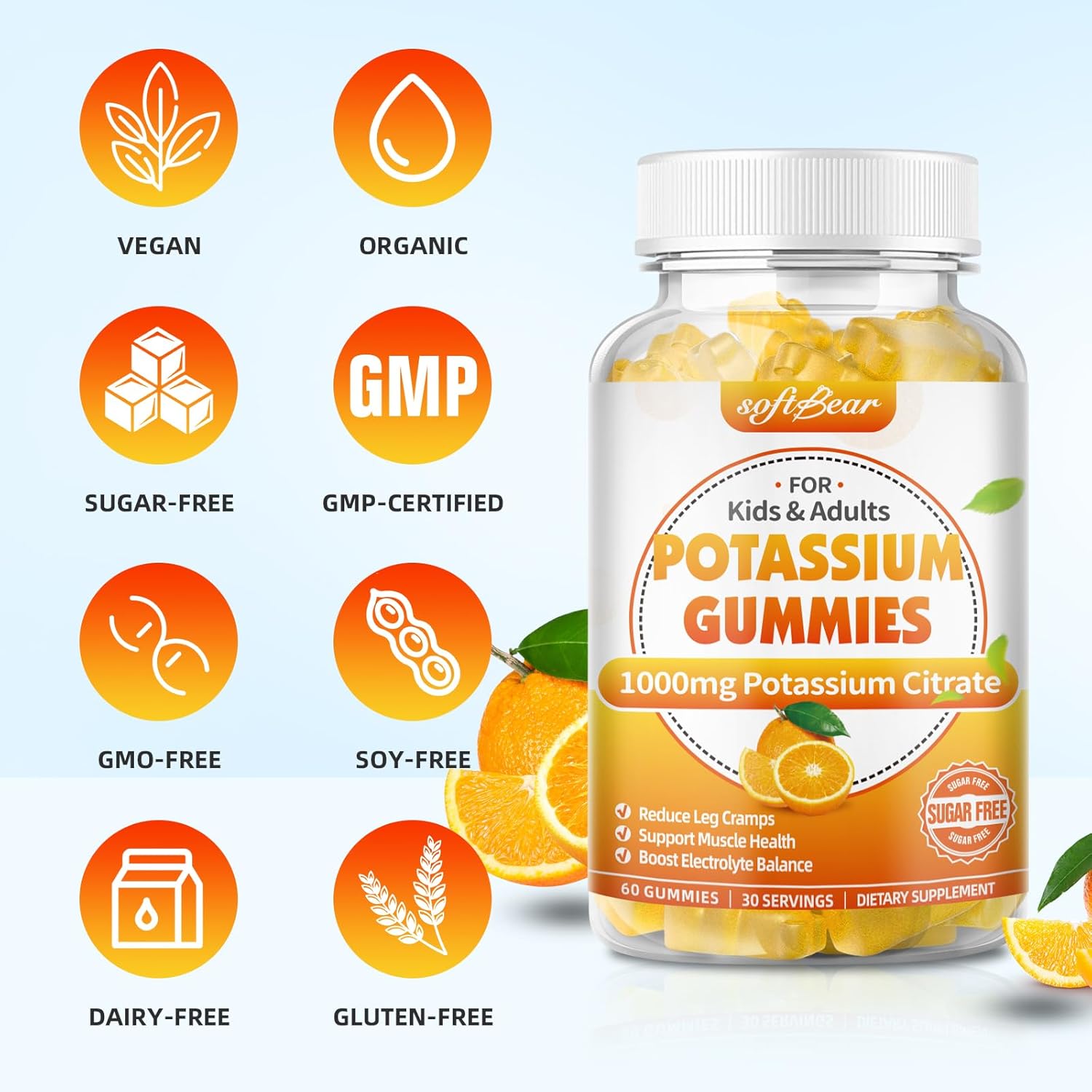High Potency Potassium Citrate Gummies for Adults - 1000mg Orange Flavor, Sugar Free, Supports Leg Cramps & Muscle Health - 120 Count