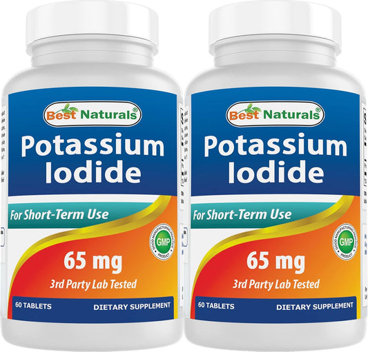 High Potency Potassium Iodide Supplement - 65mg, 60 Tablets x 2 Bottles for Thyroid Support