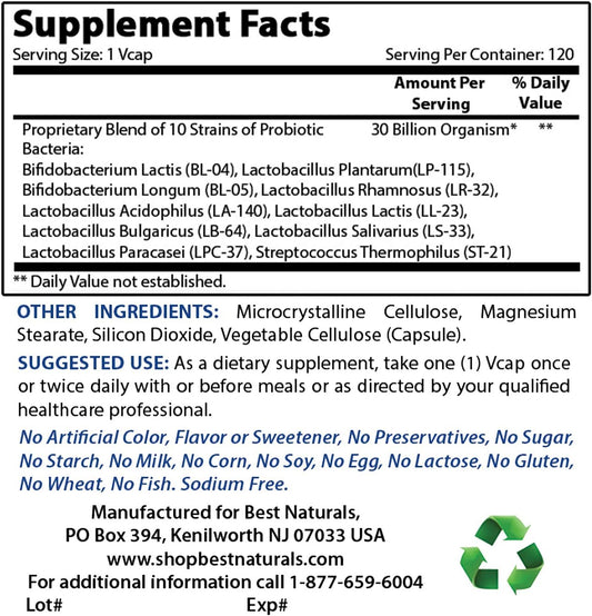 High Potency Probiotic Supplement with 10 Strains, 30 Billion CFU, and 400mg Vitamin B2