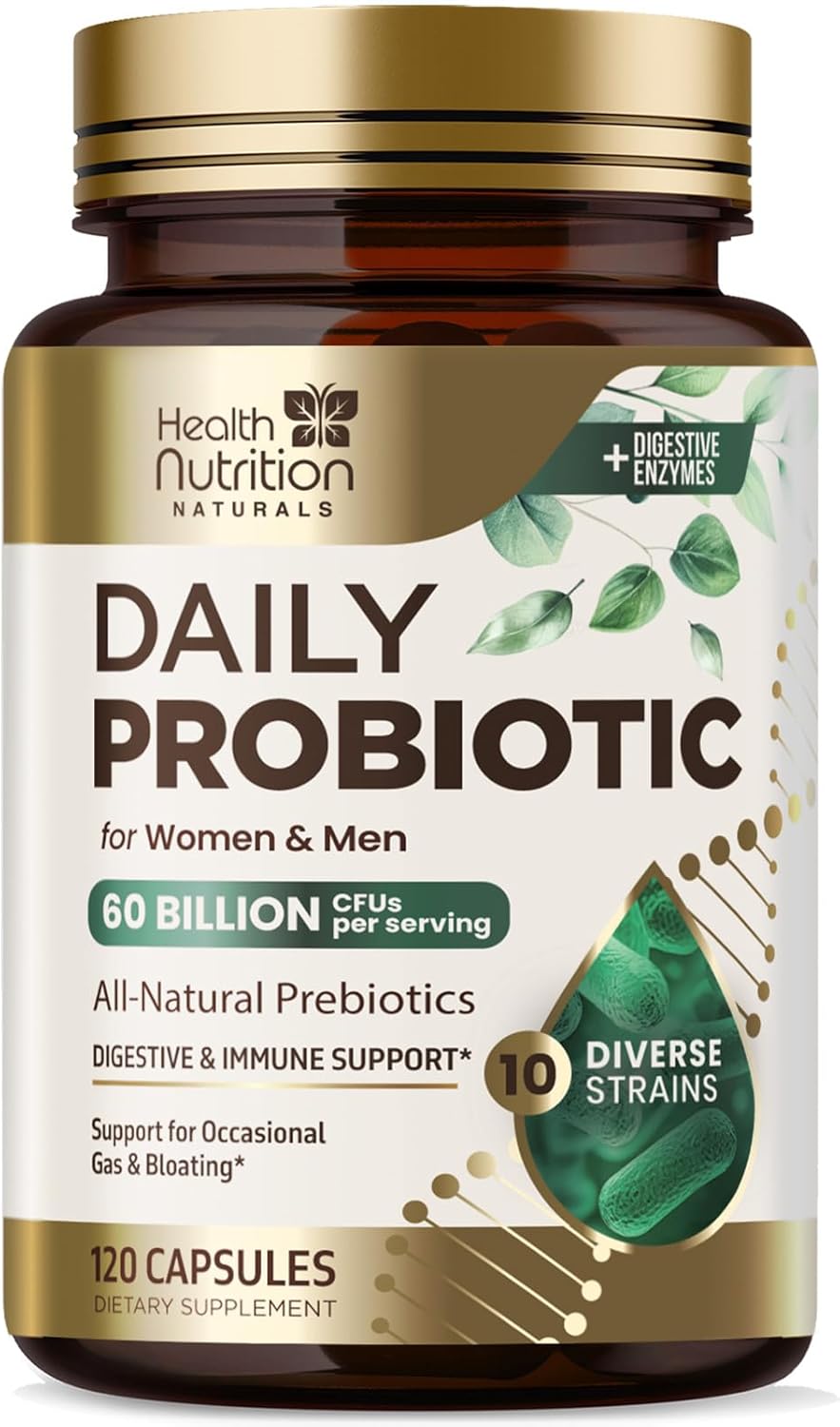 High Potency Probiotic Supplement with Prebiotics for Gut Health - 60 Billion CFU Capsules for Men and Women - Digestive Enzymes, Immune Support - 120 Count