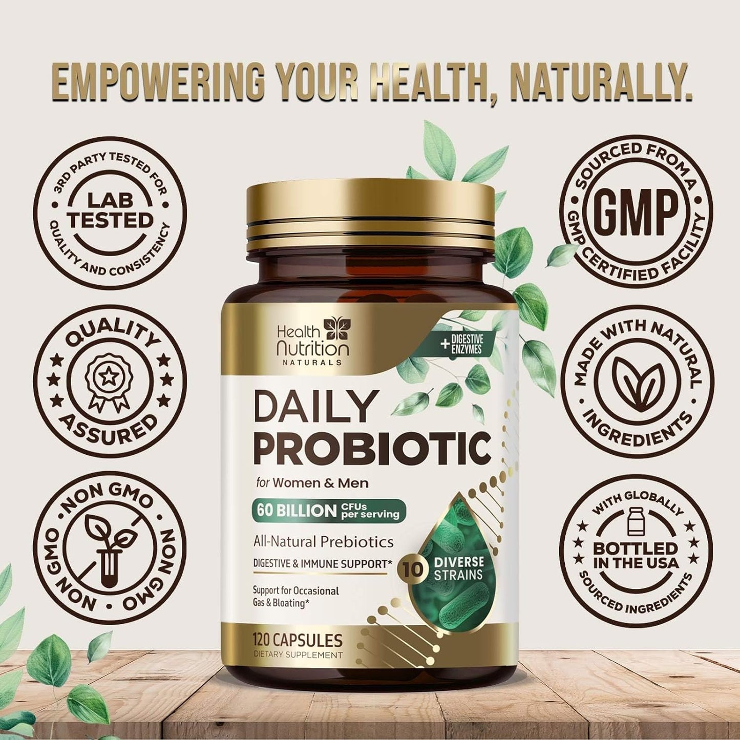 High Potency Probiotic Supplement with Prebiotics for Gut Health - 60 Billion CFU Capsules for Men and Women - Digestive Enzymes, Immune Support - 120 Count