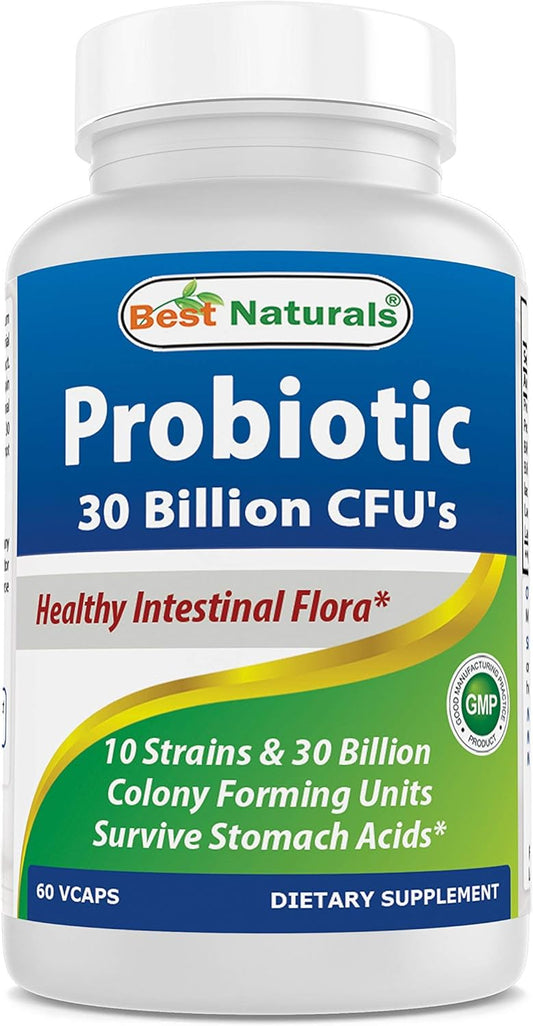 High Potency Probiotic with 10 Strains & 30 Billion CFU for Intestinal Health - 60 Veggie Capsules