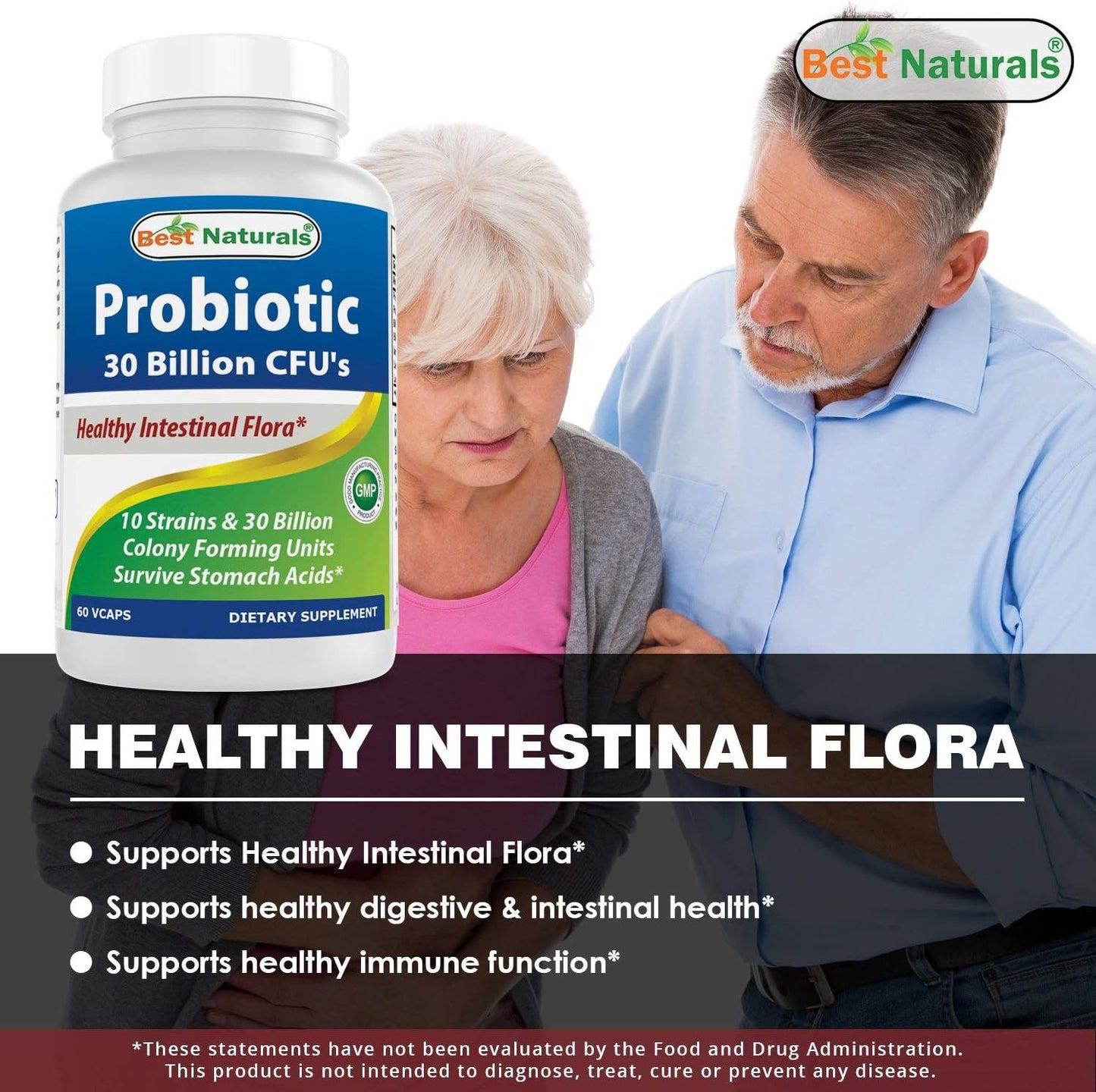 High Potency Probiotic with 10 Strains & 30 Billion CFU for Intestinal Health - 60 Veggie Capsules