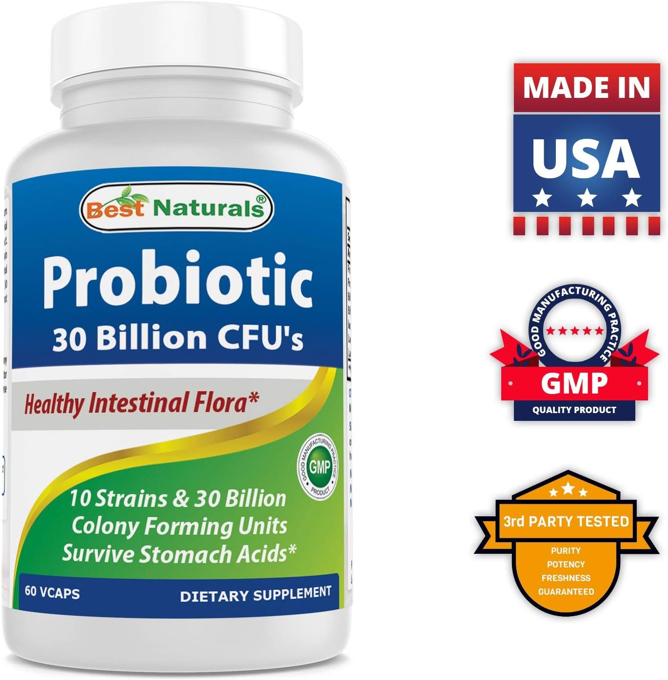 High Potency Probiotic with 10 Strains & 30 Billion CFU for Intestinal Health - 60 Veggie Capsules