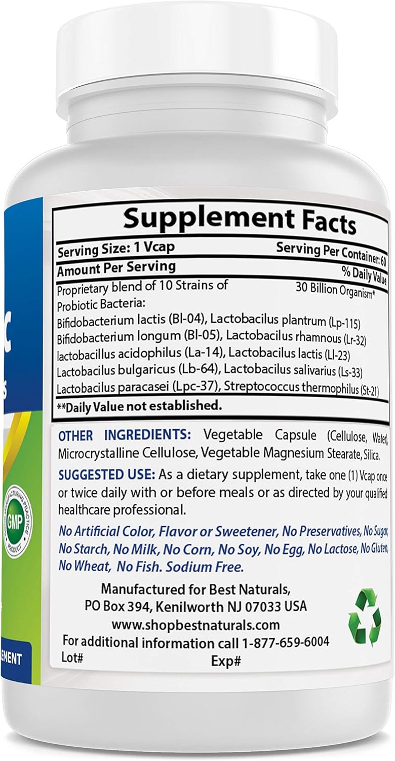 High Potency Probiotic with 10 Strains & 30 Billion CFU for Intestinal Health - 60 Veggie Capsules