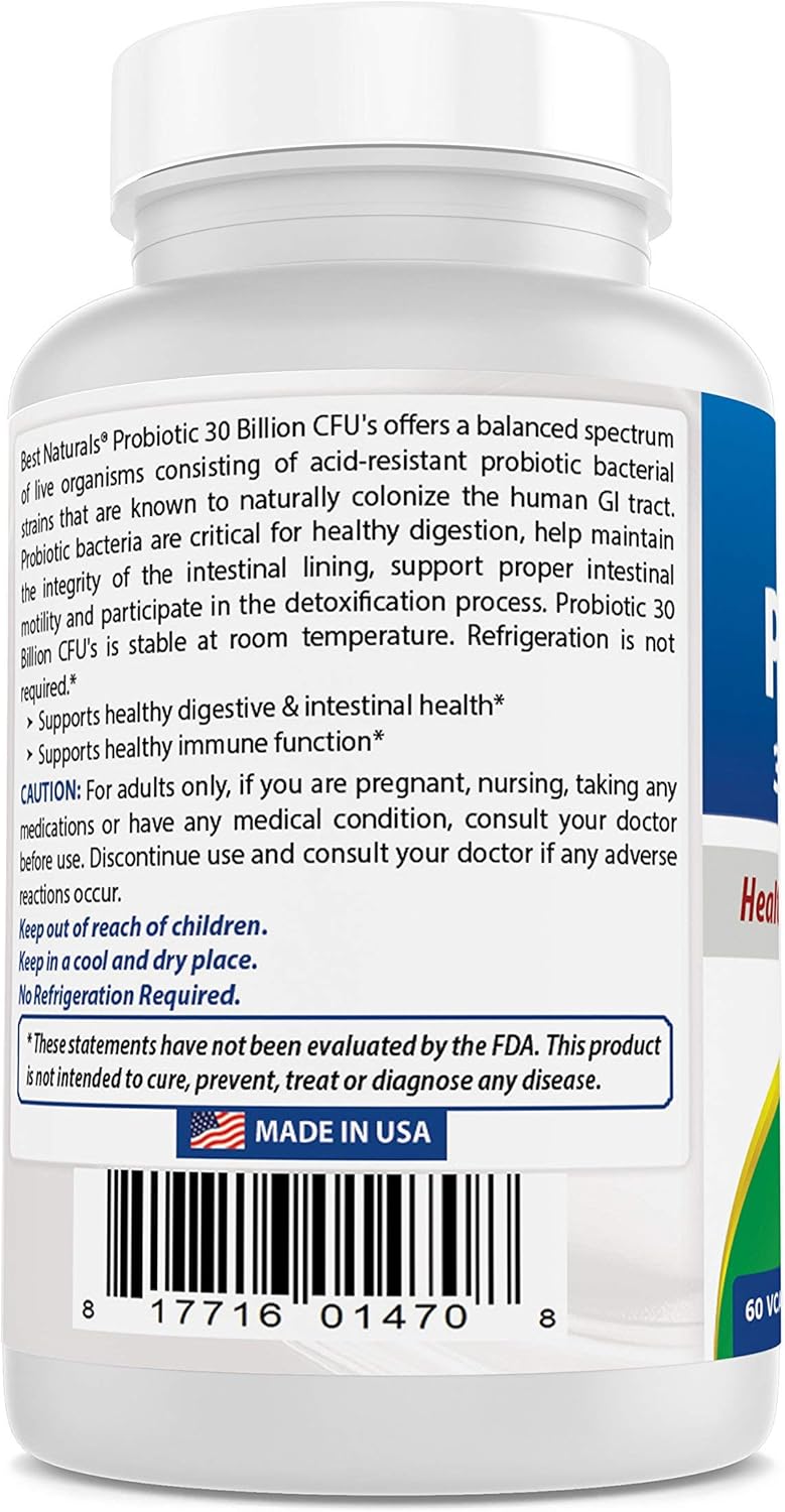 High Potency Probiotic with 10 Strains & 30 Billion CFU for Intestinal Health - 60 Veggie Capsules