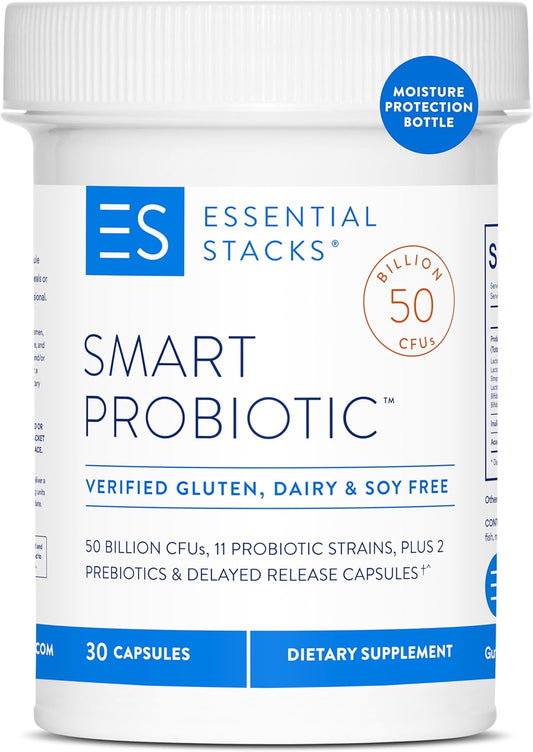 High Potency Probiotic with 50 Billion CFUs, 11 Strains, 2 Prebiotics - Daily Probiotic for Women & Men - Delayed Release Capsules (30ct)