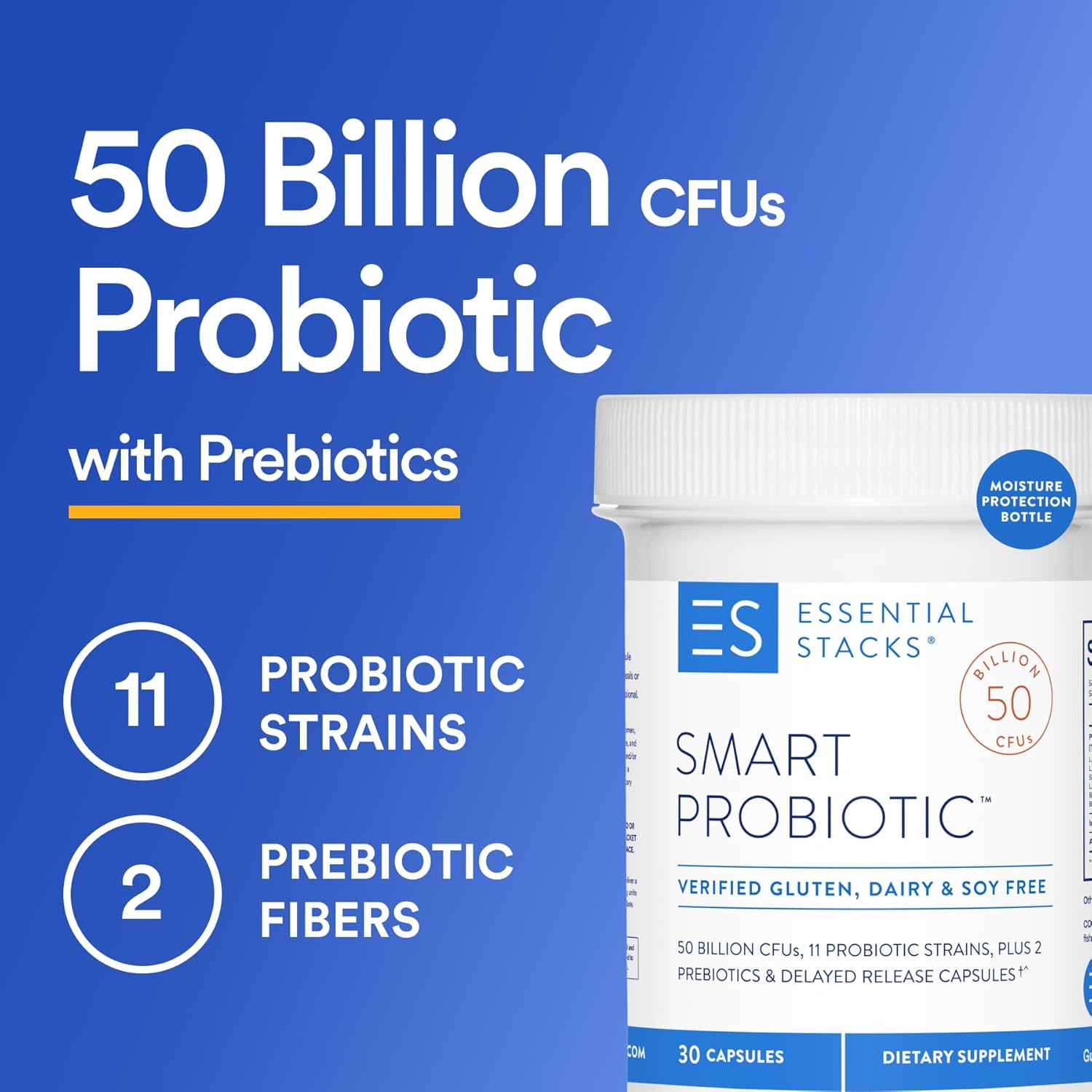 High Potency Probiotic with 50 Billion CFUs, 11 Strains, 2 Prebiotics - Daily Probiotic for Women & Men - Delayed Release Capsules (30ct)