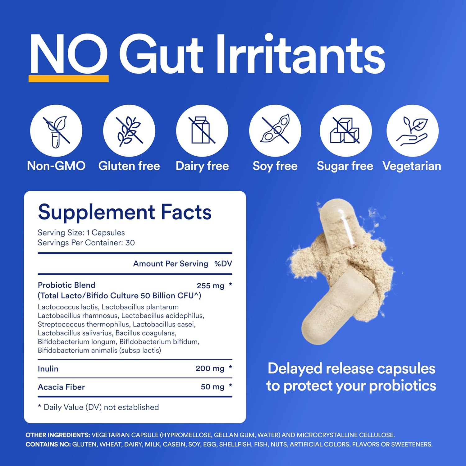 High Potency Probiotic with 50 Billion CFUs, 11 Strains, 2 Prebiotics - Daily Probiotic for Women & Men - Delayed Release Capsules (30ct)