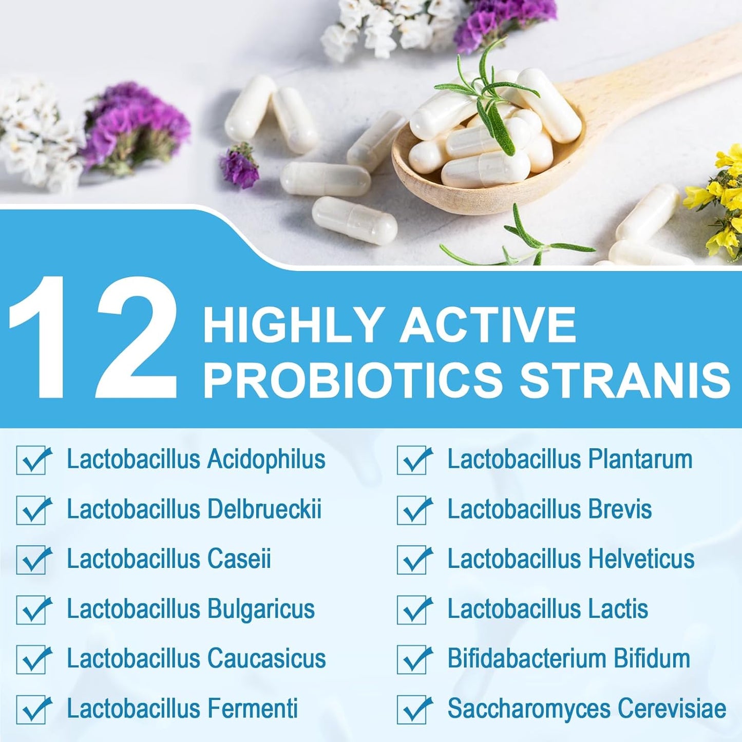 High Potency Probiotics for Digestive Health - 300 Billion CFU, 12 Strains + 3 Prebiotics - 120 Capsules
