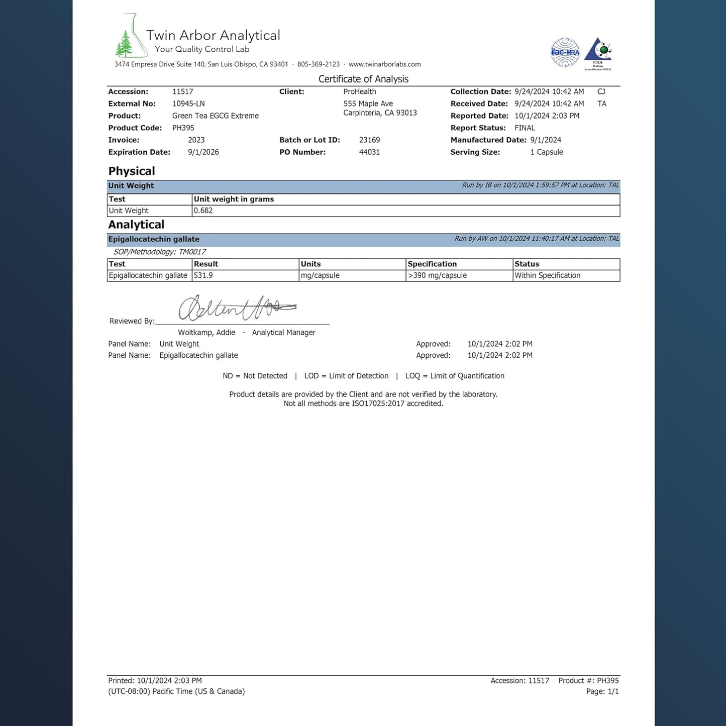 High Potency ProHealth Longevity Green Tea EGCG Capsules - 390mg EGCG, Antioxidant-Rich Green Tea Supplement - 100 Capsules