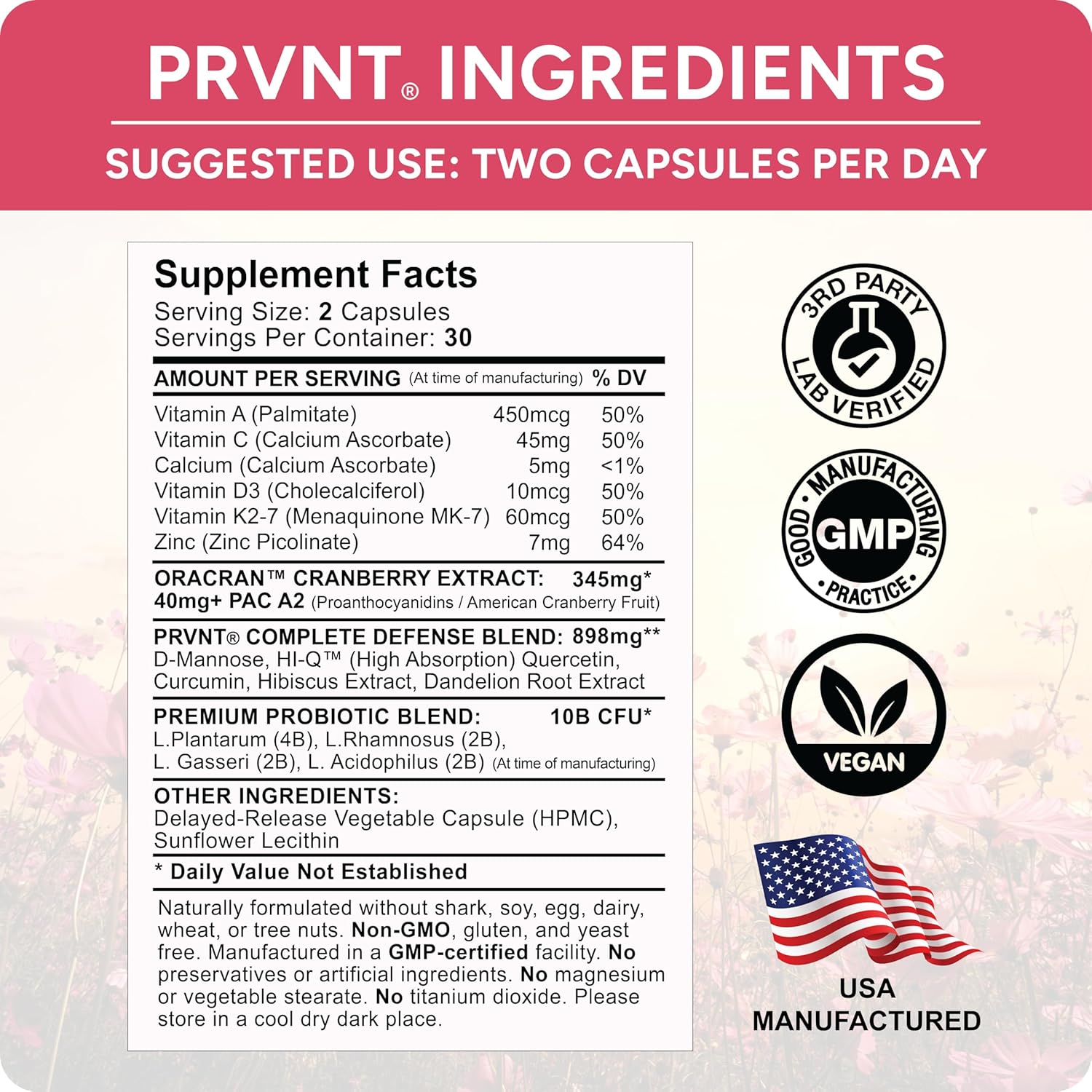 High Potency PRVNT 40mg PAC Plus D-Mannose & Probiotics | Cranberry Pills for UTI Health | Powerful Defense & Cleansing Support | 60 Capsules