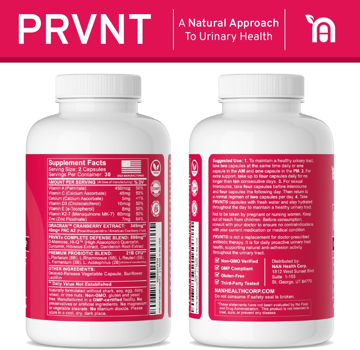 High Potency PRVNT 40mg PAC Plus D-Mannose & Probiotics | Cranberry Pills for UTI Health | Powerful Defense & Cleansing Support | 60 Capsules