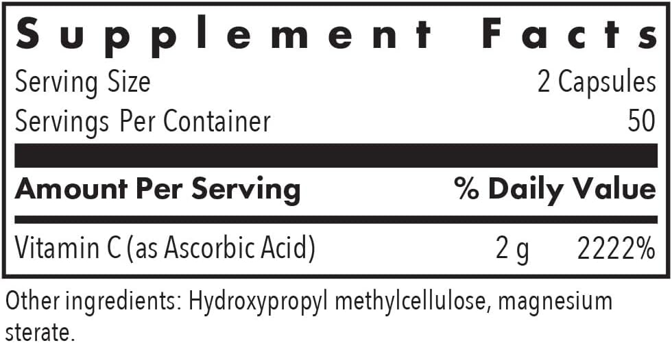 High Potency Pure Vitamin C Supplement - 1000mg Organic Ascorbic Acid Capsules, Unbuffered, Vegetarian - 100 Count