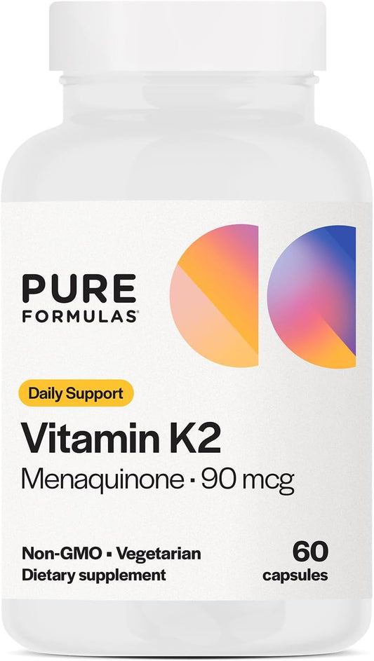 High Potency PureFormulas Vitamin K2 MK7 (Menaquinone-7) 90mcg Capsules for Bone & Cardiovascular Support - 60 Day Supply