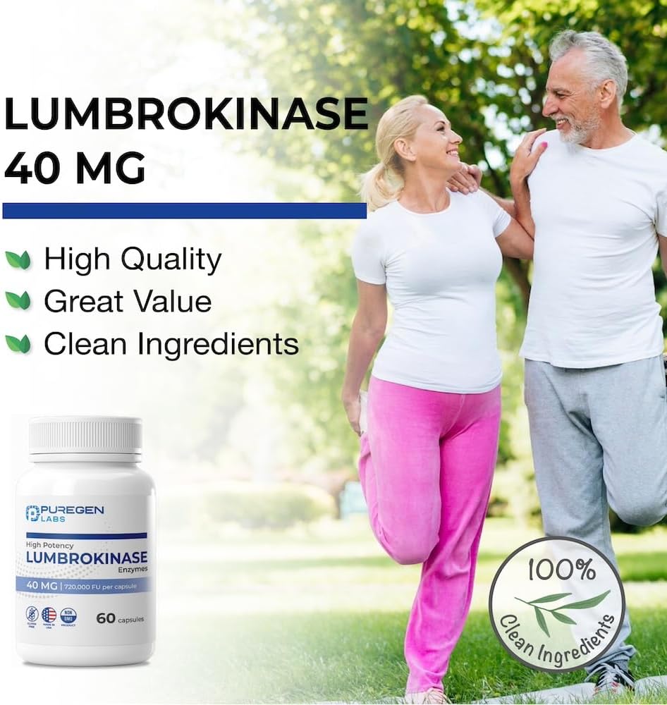 High Potency Puregen Labs Lumbrokinase 40mg Capsules | Enzyme Supplement | Non-GMO & Gluten Free | 120 Capsules