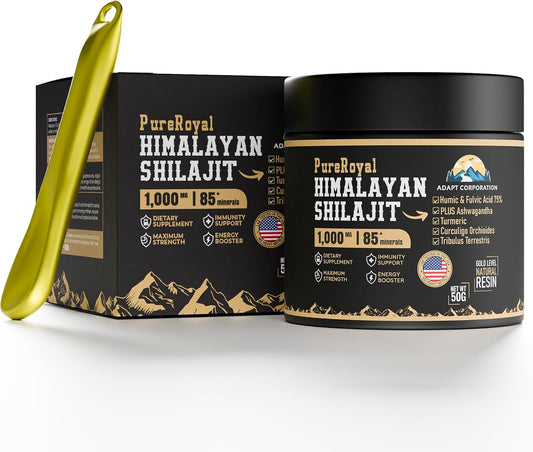 High Potency PureRoyal Himalayan Shilajit Resin with 1100 MG Extract, 75%+ Fulvic Acid - Energy, Wellness, Immunity Support - 85+ Trace Minerals - Lab Tested - 50g Jar, 46 Servings