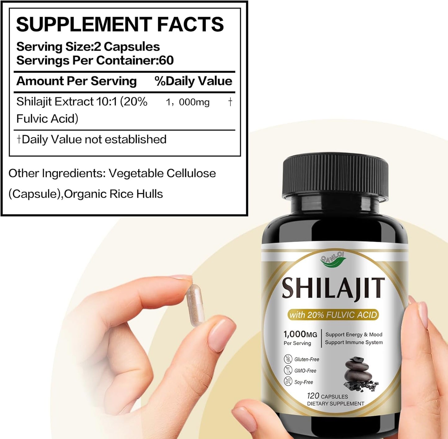 High Potency QANLOI Shilajit Capsules for Men - 1000mg Per Serving (120 Capsules)