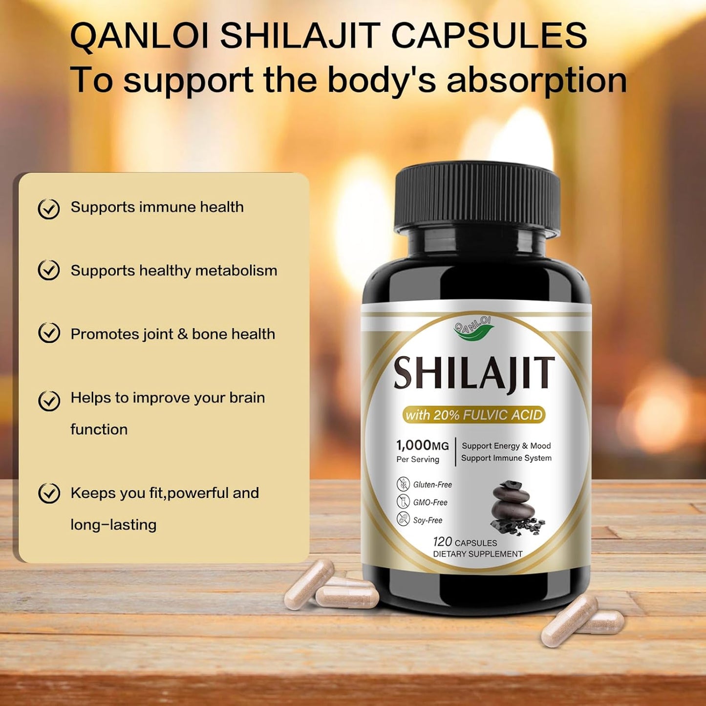 High Potency QANLOI Shilajit Capsules for Men - 1000mg Per Serving (120 Capsules)