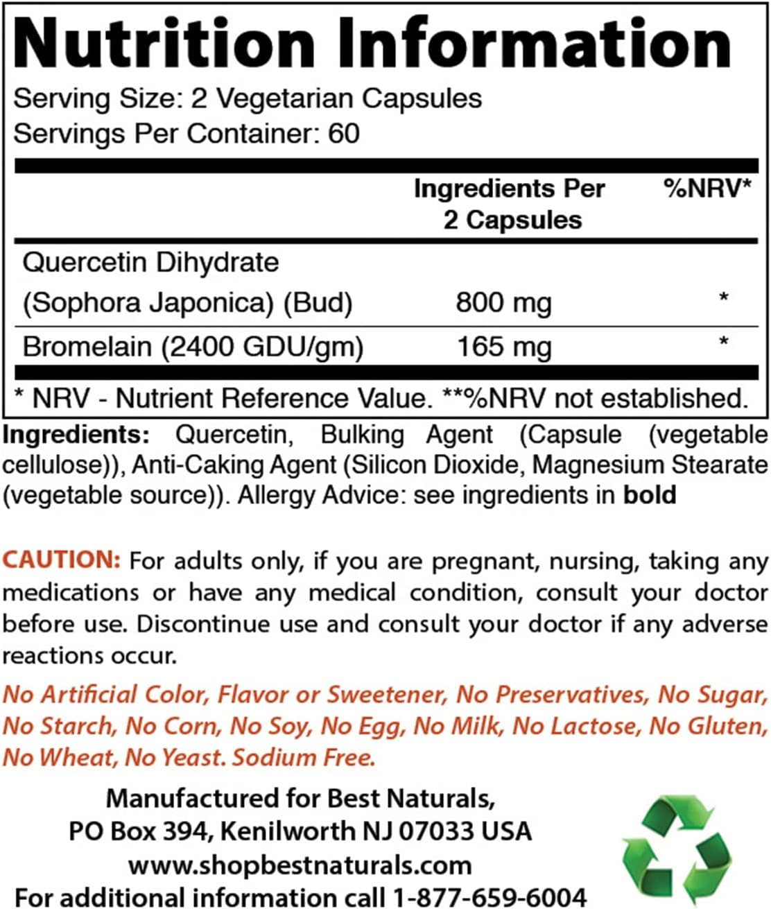 High Potency Quercetin with Bromelain Capsules - 800mg Quercetin & 165mg Bromelain (2400 GDU/g) - 120 Veg Caps
