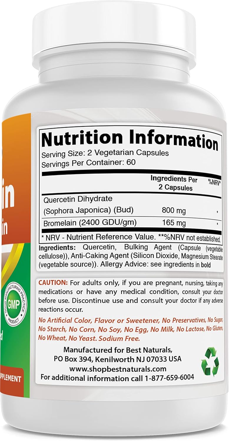 High Potency Quercetin with Bromelain Capsules - 800mg Quercetin & 165mg Bromelain (2400 GDU/g) - 120 Veg Caps