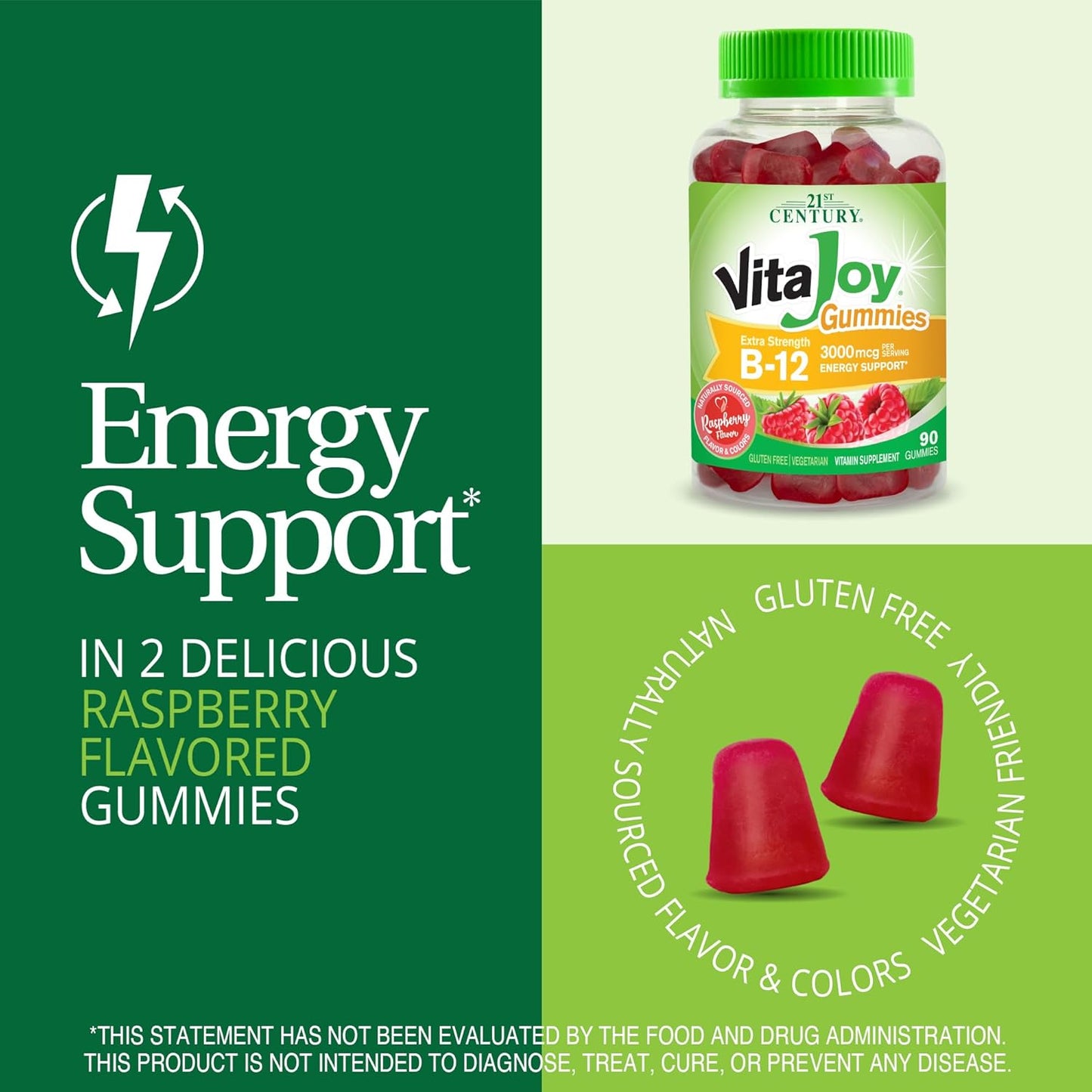 High-Potency Raspberry B-12 3000 mcg Gummies, 90 Count - 21st Century VitaJoy