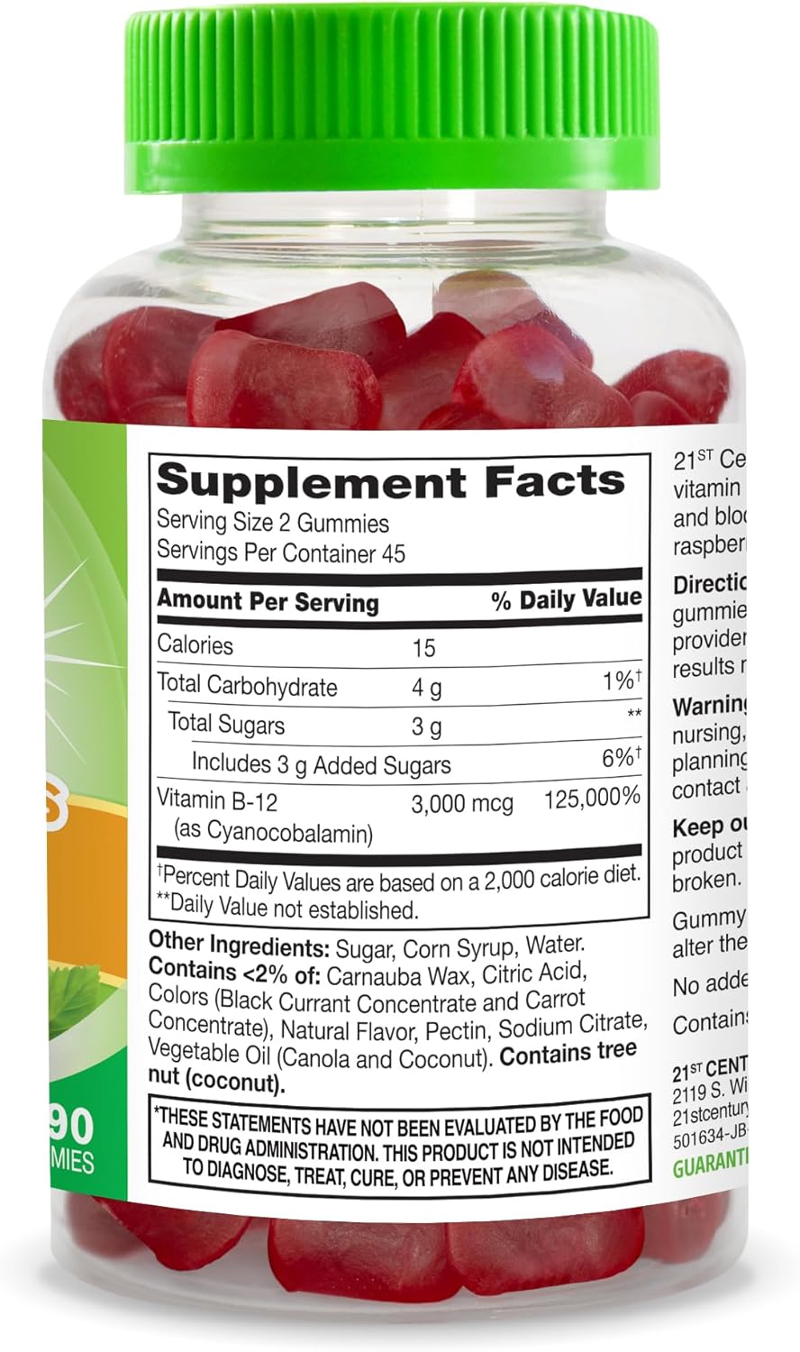 High-Potency Raspberry B-12 3000 mcg Gummies, 90 Count - 21st Century VitaJoy