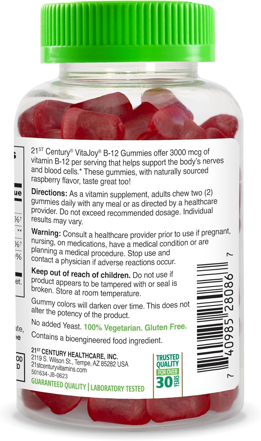 High-Potency Raspberry B-12 3000 mcg Gummies, 90 Count - 21st Century VitaJoy