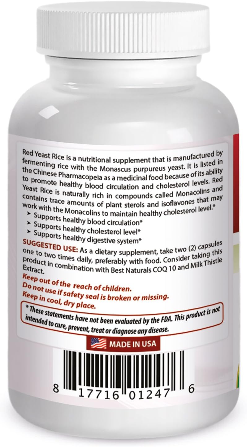 High Potency Red Yeast Rice Capsules - 600mg, 120 Count - 2 Capsules per Serving for 1200mg Strength