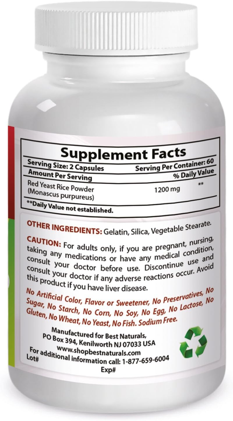 High Potency Red Yeast Rice Capsules - 600mg, 120 Count - 2 Capsules per Serving for 1200mg Strength