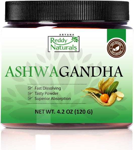 High-Potency Reddy Naturals Aryana Pure Organic Ashwagandha Powder with 10% Withanolides - Natural Orange Flavor - Stress & Energy Support - 4.2 OZ (120g)